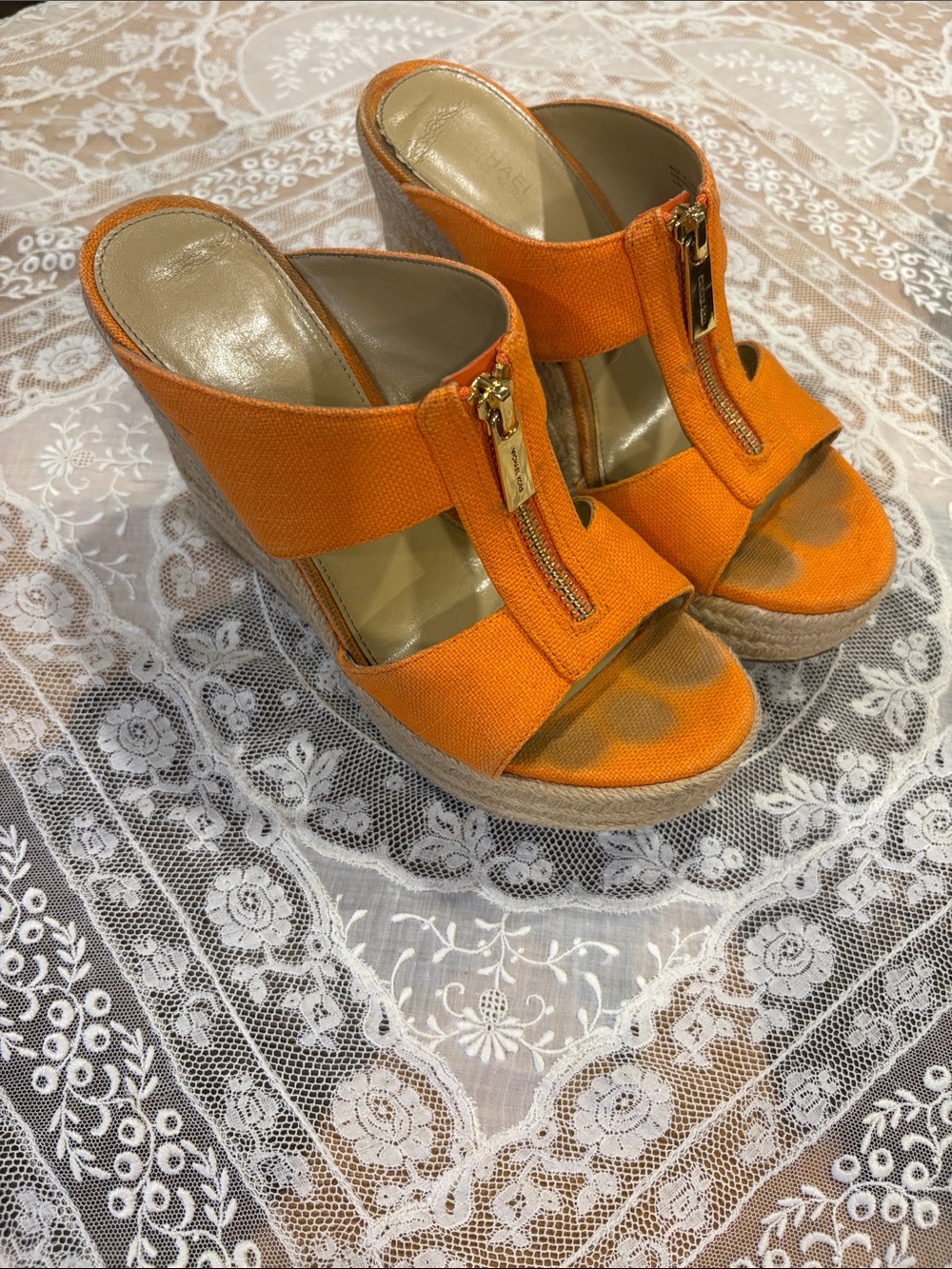 Michael Kors Women’s Orange Wedge Sandals with Front Zip